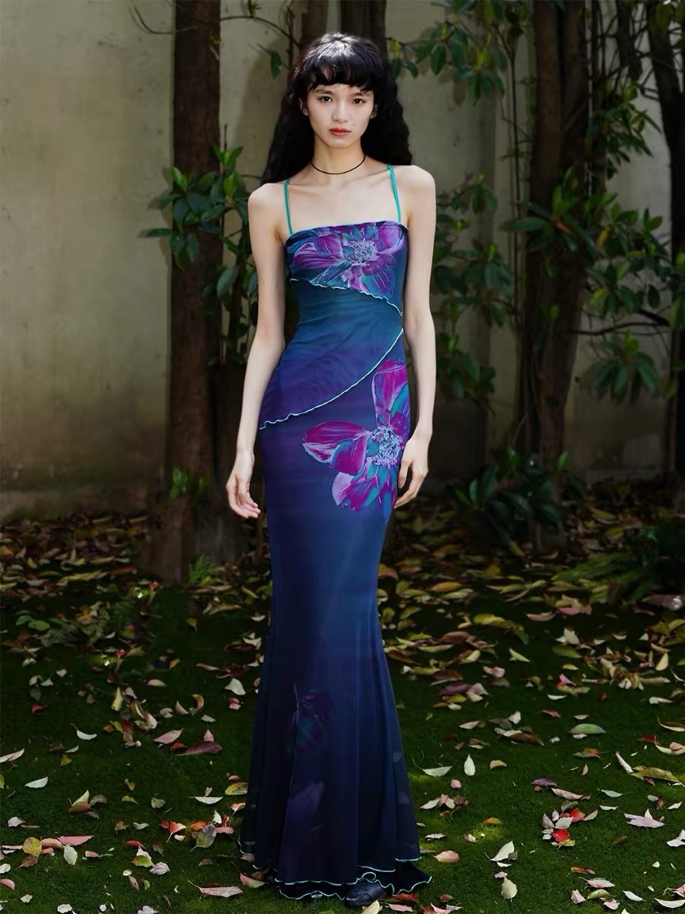 Elegant Teal & Purple Floral Strap Evening Dress